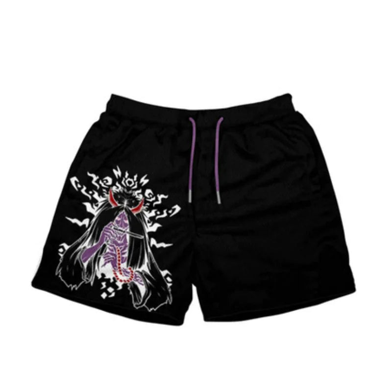 Men's Anime Print Beach Shorts - Elastic Waist, Casual Black