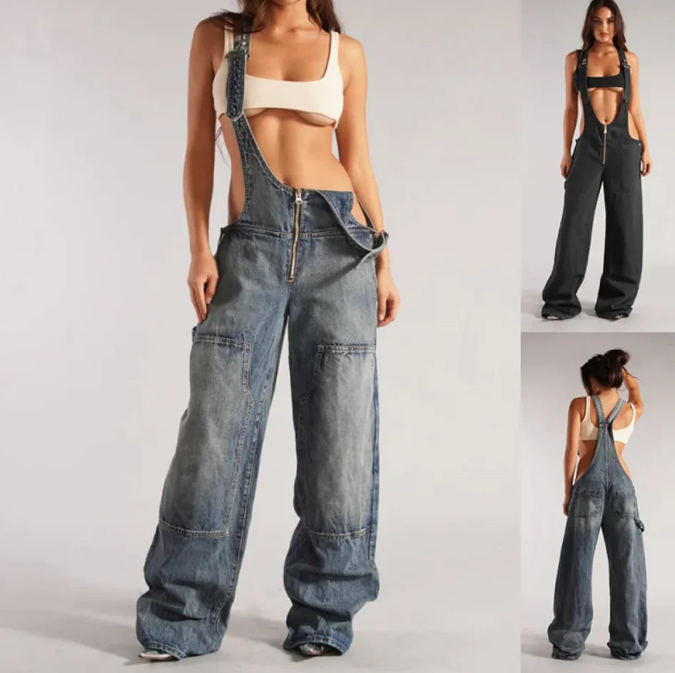 Y2K Zipper Denim Overalls