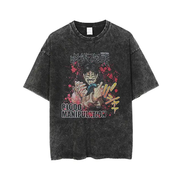 Vintage Washed Tshirts for Men Digital Printing Anime Graphic