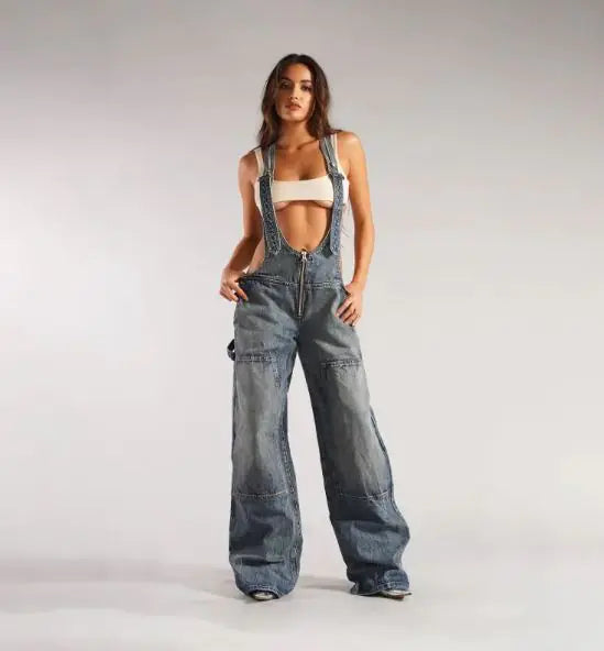 Y2K Loose Denim Overalls with Pockets and Zipper