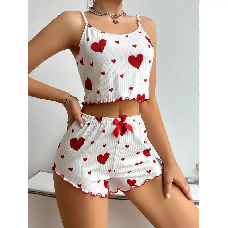 Heart Printing Suspender Shorts Casual Sunken Stripe Outerwear European And American Style Women Pajamas