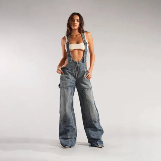 Y2K Zipper Denim Overalls